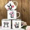 Tazas para beber, postre, desayuno, tazas de leche para chico con estampado de flores y Panda, taza de agua esmaltada creativa con asa, regalos de cumpleaños para niños