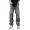 Jeans pour hommes, streetwear urbain, pantalon en denim, style hip hop, trou déchiré, jambe large avec plusieurs poches pour décontracté