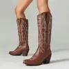 Bottes IPPEUM Rose Western Cowboy Genou Haut Bout Pointu Chunky Talon Femmes Chaussures Cowgirl Botas Mujer