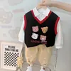 Kleidungssets Jungen Weste Langarm T-Shirt Dreiteiliges Kinderkleid Frühling und Herbst Baby 1-4T Cartoon Strickpullover Hosen Set