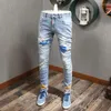 Jeans masculinos streetwear moda homens retro luz azul fino ajuste impresso night club pintado hip hop denim lápis calças hombre