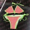 Moda conjunto de biquíni cor contraste roupa de banho para mulher carta impressão natação biquinis beach wear rendas até sutiã maiô