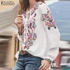 Blouses Femmes Imprimé Tops Femmes Automne Blouse ZANZEA 2024 Bohème Surdimensionné Tunique Mode Col En V À Manches Longues Chemises Femme Casual