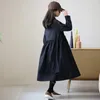 ガールドレス韓国スタイルの女の子長袖コットンシャツドレスカジュアルミディルーブネイビーブルーCl618