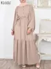 Ethnische Kleidung ZANZEA Elegantes langes Puffärmel-Muslim-Hemdkleid Damen Lässiges Jilbab-Sommerkleid mit Gürtel Übergroßer Hijab-Kaftan Islamisch