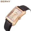 Andra klockor Berny Watch Mens Rectangular Japanese Quartz Watch Waterproof Business Rectangular Dress Mens Clock Top Leather Strap J240326