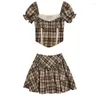 Work Dresses Plaid Retro Elegant 2 Piece Dress Set Female French Y2k Crop Tops High Waist Mini Skrits 2024 Summer Korean Fashion Suits