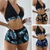 Femmes Bikini trois pièces ensemble feuille maillot de bain imprimé fond noir couleur 7 couleurs haut à licou avec slip/tronc taille S-XXL 240119