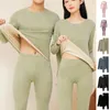 Pijamas femininos pijamas outono inverno roupas térmicas cor pura base roupas para mulher o-pescoço manga longa quente