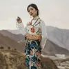 Vêtements ethniques Printemps Tibétain Femme Imprimé Chemise à manches longues Jupe portefeuille une pièce