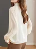 Damesblouses QOERLIN Koreaanse elegante chiffon / satijnen tops Blouse Dames Lente Herfst Lange mouwen Losse casual opstaande kraag Zwarte shirts