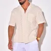 Camisas casuais masculinas verão na moda respirável malha mens camisa de manga curta lapela abotoada tops estilo praia vintage jacquard crochê