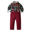 Set di abbigliamento FOCUSNORM 1-6Y Autunno Bambini Ragazzi Natale Abiti da gentiluomo 3 pezzi Camicie a maniche lunghe con stampa scozzese con papillon Pantaloni con bretelle