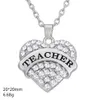 Teamer Clear Blue Pink Crystal Heart Engraved Teacher Pendant Necklace With Link Chain Fashion Jewelry For Teacher's Day Gift271t