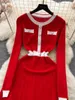 Basic Casual Dresses Red Long Knitted Fresh 2024 Spring/Summer Womens Design Color Blocking Temperature Ultra Thin Fit Full Sleeve Sweater Z4867 J240130