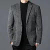 2023 Autumn Winter Men Classic Plaid Sheep Wool Blazers Male Grey Coffee Checked Pattern Cashmere Blended Suit Jackor Outfits 240125