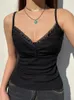 Canotte da donna Darlingaga Strap Y2K Scollo a V Finiture in pizzo Nero Crop Top Donna Chic Pieghe Mini Canotta Moda Basic Summer Tops Backless Knit