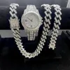 Chaînes 3pcs hommes glacé chaîne collier bracelet montre hommes hip hop 15mm clouté grand or lourd lien cubain bijoux ensemble wom247p