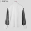 Men's Casual Shirts INCERUN Tops 2024 American Style Mesh Black&White Splicing Design Sexy Perspective Strap Stand Collar Blouse S-5XL