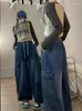 Women's Jeans QWEEK Harajuku Vintage Blue Cargo Women Oversized Y2K Grunge Black Baggy Denim Pants Hip Hop Streetwear Wide Leg Trousers