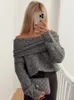 Women Sexy Slash Neck Pullover Sweaters Long Sleeve Off Shoulder Cropped Knitted Top Female Elegant Autumn Solid Knitwear 240131