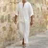 Grande taille S-5XL hommes Robe musulmane col en v décontracté solide coton/lin poches ample à manches longues Vintage arabe ethnique Robe islamique 240124