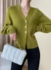 Suéteres de mujer verde tamaño grande elegante cárdigan tejido suéter con cuello en V manga larga linterna mujer moda Primavera otoño O597