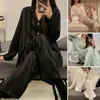 Vêtements de nuit pour femmes Femmes Dentelle Satin Pyjama Ensemble À Manches Longues Haut Rayé Soie Soyeuse Soie Pour Homewear Printemps