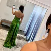 Sexy Green Prom Dress metalic strapless formal long evening dresses elegant pleats ruffles backless slit metal dresses for special occasions