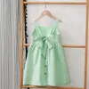 Girls Cotton And Linen Sleeveless Suspender Dress With Adjustable Shoulder Straps Summer Casual Pocket Kids Dresses TZ77 240130