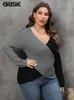 GIBSIE Plus Size Colour Blocking Deep V-Neck Sexy Sweater Women Autumn Winter Long Sleeve Office Ladies Knitted Jumper 240122