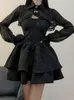 Casual Dresses 2024 Summer Black Gothic Lolita Short Party Suits Women Long Sleeve Coat Pure Color Mini Dress Fashion High Waist Outfits