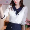 Kobiety bluzki kobiety wiosna letnie styl szyfonowy koszulki Lady Casual Long Rleeve Peter Pan Collar Lace Blusas Tops DF3801