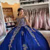 Blauwe glanzende prinses Quinceanera jurk baljurk uit de schouder partij jurk gouden stoffen kralen Sweet 16 verjaardag jurk vestidos de 15