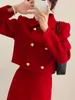 Tweedelige jurk UNXX rood kerstpak voor vrouwen, rijk meisje, elegante dame, klein jasje, high-end gevoel winteroutfitset