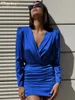 Casual Dresses Clacive Sexy Blue Saitn Women'S 2024 Bodycon Deep V-Neck Long Sleeve Mini Dress Female Elegant Slim Ruched Party