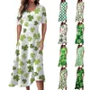 Freizeitkleider Damenmode St. Patrick's Day Print V-Ausschnitt Kurzarm Taille Langes Swingkleid