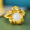 Cluster Rings Natural White Jade Flower Ring Adjustable Women Fine Jewelry Chinese Hetian Jades Nephrite Zircon Copper Gold Ladies Gifts