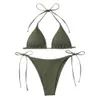 2Pcs/Set Women Bathing Suit Ribbed Backless Pads Women Bikini Set Halter Triangle Bra Side Tie Thong Swimwear Women's Clothing 240119