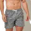 Short de plage imprimé métallique pour hommes, pantalon de sport à paillettes avec cordon de serrage, taille élastique pour séchage rapide, Fitness, Jogging, vêtements de sport