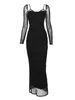 Casual Jurken JULISSA MO Lange Mouw Mesh Patchwork Kant Dubbellaags Vrouwen Sexy Solid Midi Jurk Voor Dames Herfst Party Clubwear