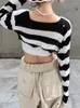 Women's T Shirts Weekeep Black Striped Print Cropped Knitted Smock Top Vintage Long Sleeve Fashion Super Short Sweater Cardigan Casual Women