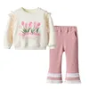 Clothing Sets Girls' Lace Sweatshirt Baby Fashion Print Long Sleeve Tops 2024 Autumn O-neck Loose Pullover Pink Slim Flared Pants Suit