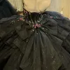 Sparkly Black Quinceanera Dress 2024 Ball Gown Appliques Beading Sequins Tull Tiered Puffy Skirt Sweet 16 Dress Vestidos De 15 Anos