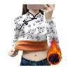 Women's Blouses Cotton Blend Cheongsam Top Plaid Print Floral Fleece Lined Chinese With Knot For