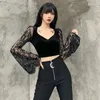 T-shirts Femmes InsDoit Vintage Gothic Velvet Lace Tops Harajuku Sexy Voir à travers manches longues Crop Top Femmes Automne Élégant Esthétique Basic