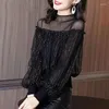 Женские блузки, женские сетчатые рубашки с высоким воротником, женские рубашки с длинным рукавом, весенне-осенние топы в корейском стиле, элегантные черные пуловеры