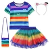 Summer Girls Clothes Set Kids Birthday Party Gabbys Dollhouse Cats Striped Toprainbow Tutu Dress Outfit Children Clothing Suit 240131