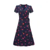 カジュアルドレスAnbenser Cherry Print Women半袖Vneck Long Dress Boho Style Split Maxi Largo Vestido Mujer