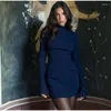 Casual Dresses Blue Sticked Slim Wrap Hips Mini Dress for Women Solid O Neck Long Sleeve Short Robe Fashion Ladies Party Club Outfits 2024